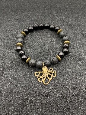 Black Kraken Charm Lava Bead Stretch Bracelet